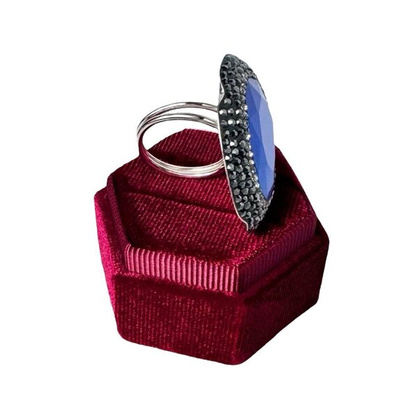 NEW ZSA ZSA Cocktail Ring Blue Cat's Eye Swarovski Adjustable Sterling Silver - Picture 7 of 10
